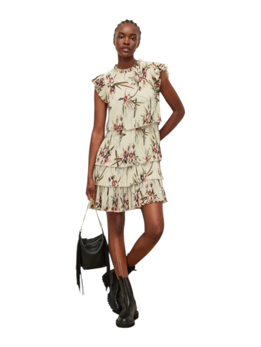 AllSaints | Antheia Dorada Cream Floral Tiered Ruffle Mini Dress Size US 10